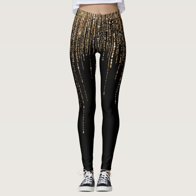 Leggings Moda de lujo Black Gold Sparkly Purpurina Fringe (Anverso)