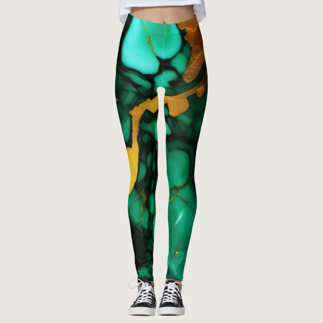 Leggings Moda Elegante verde oscuro dorado Faux Marble (Anverso)