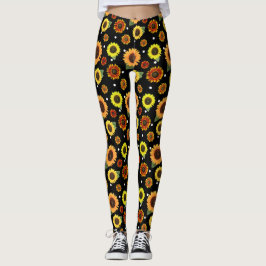 Leggings Moda floral de color negro girasoles puntos de pol