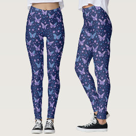 Leggings Moda Girly Romántico Patrón de mariposa púrpura az