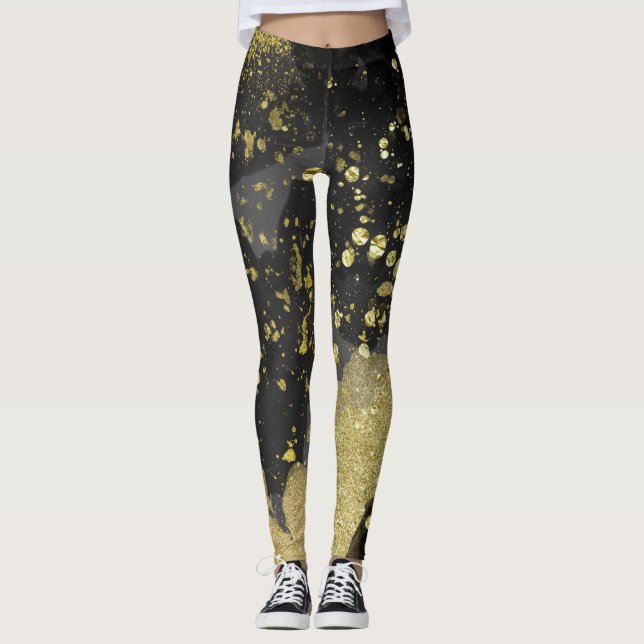 Leggings Moda Glam Grunge Splatter, Purpurina de Oro y Negr (Anverso)