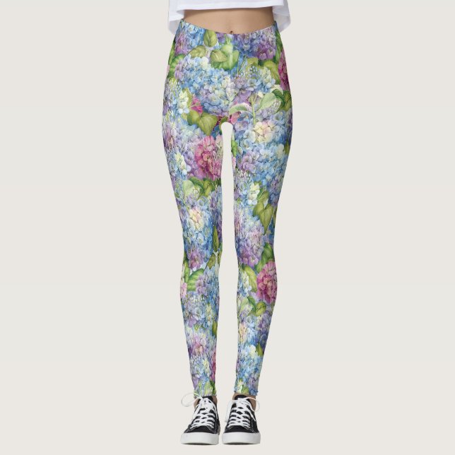 Leggings Moda Lavanda Azul Hydrangea Patrón floral (Anverso)