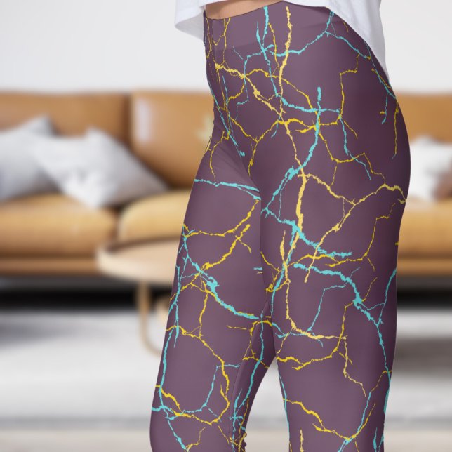 Leggings Moda Modelo de fractura morado y amarillo azul (Chic Purple and Blue Yellow Fracture Pattern Leggings)