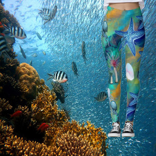 Leggings Moda moderna Aqua Blue Marine Life Ocean Starfish