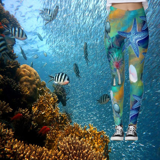 Leggings Moda moderna Aqua Blue Marine Life Ocean Starfish (Modern Chic Aqua Blue Marine Life Ocean Starfish Leggings)