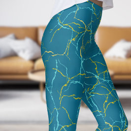 Leggings Moda Patrón de fractura azul profundo y amarillo a