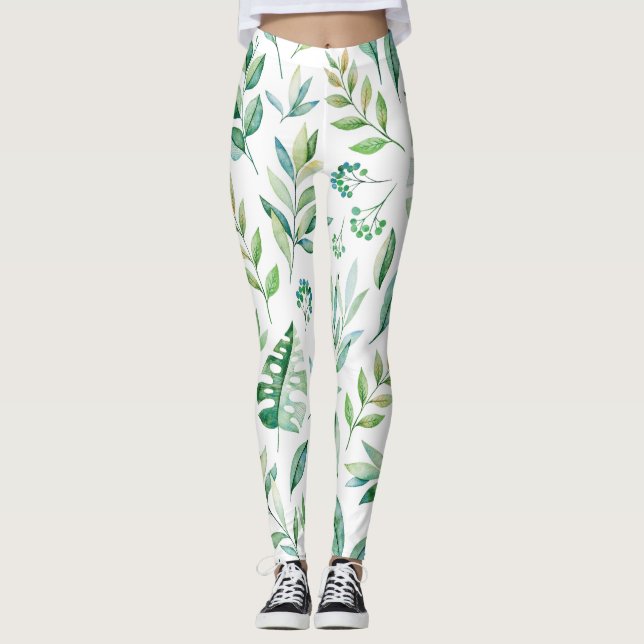 Leggings Moda Patrón rústico verde botánico (Anverso)