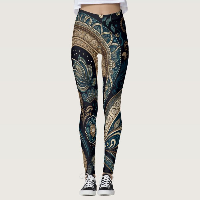 Leggings Moda retro del patrón azul oscuro paisley Boho (Anverso)