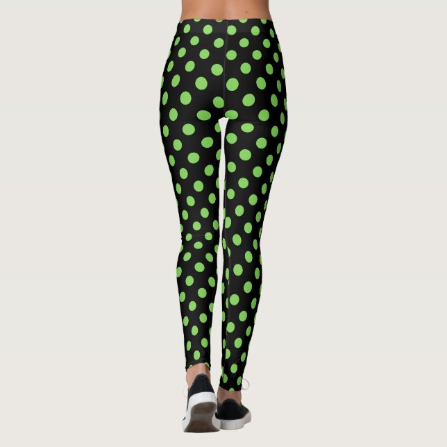 Leggings Moda retro verde sobre puntos de polka negro (Reverso)