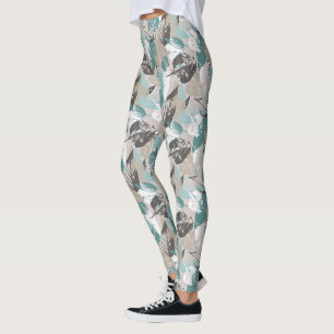 Leggings Moda Verde azulado Taupe verde azul patrón de hoja