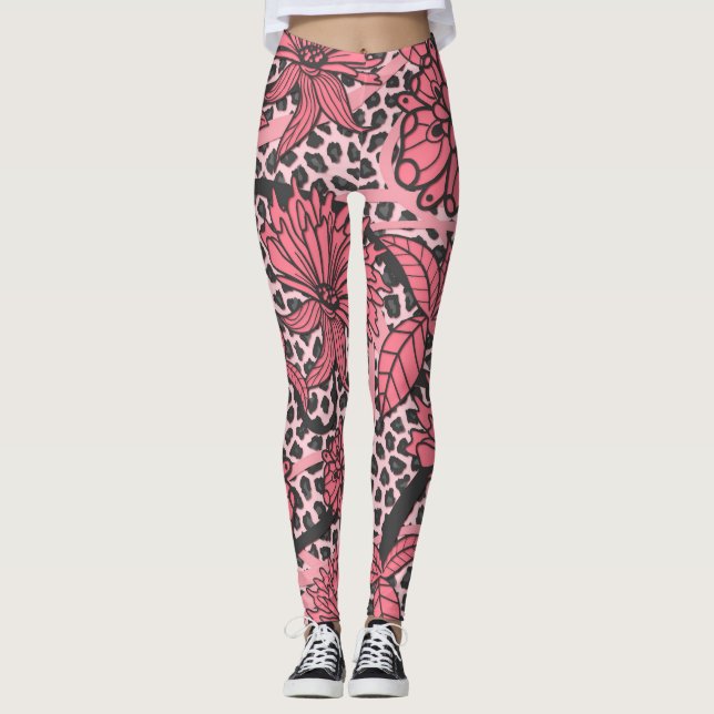 Leggings Modelo floral negro rosado bonito del estampado (Anverso)