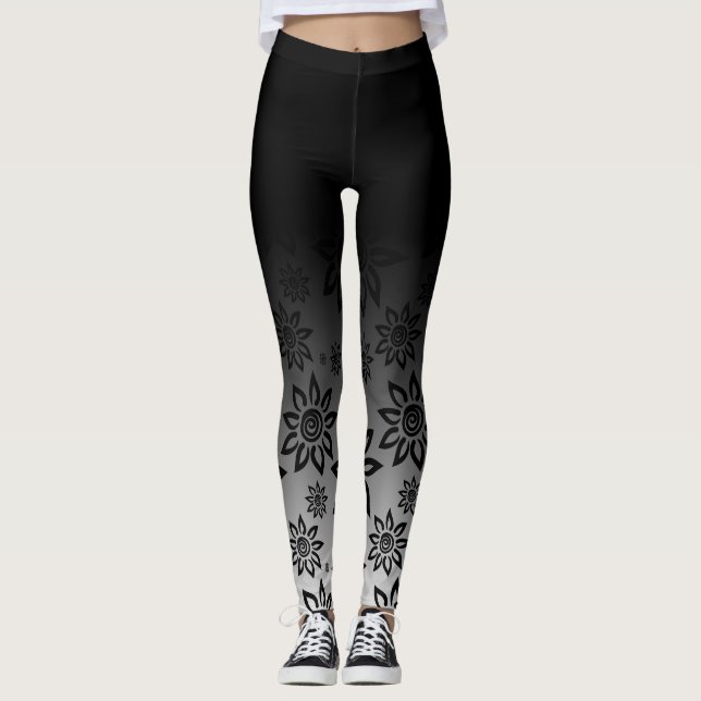 Leggings Modelo gráfico floral negro y blanco de Ombre (Anverso)