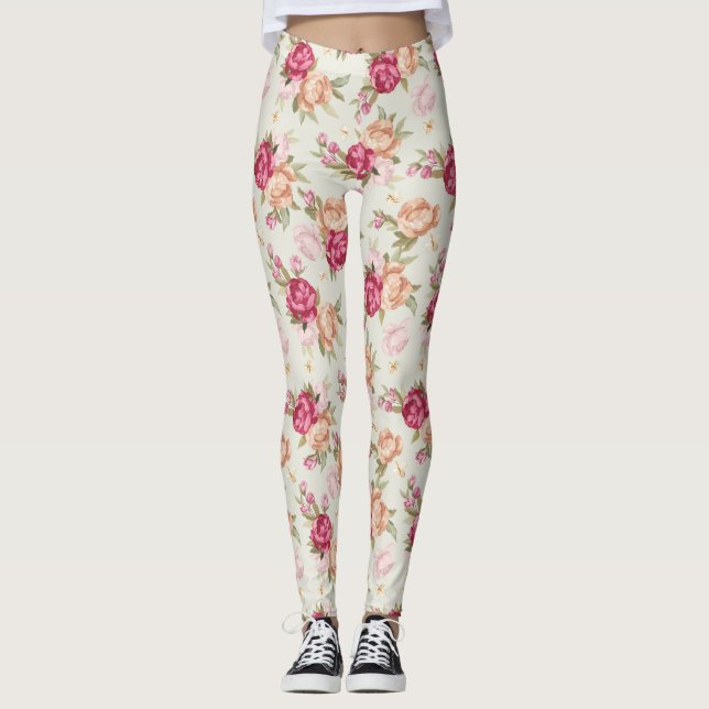 Leggings Modelo hermoso del peony del color en verde (Anverso)