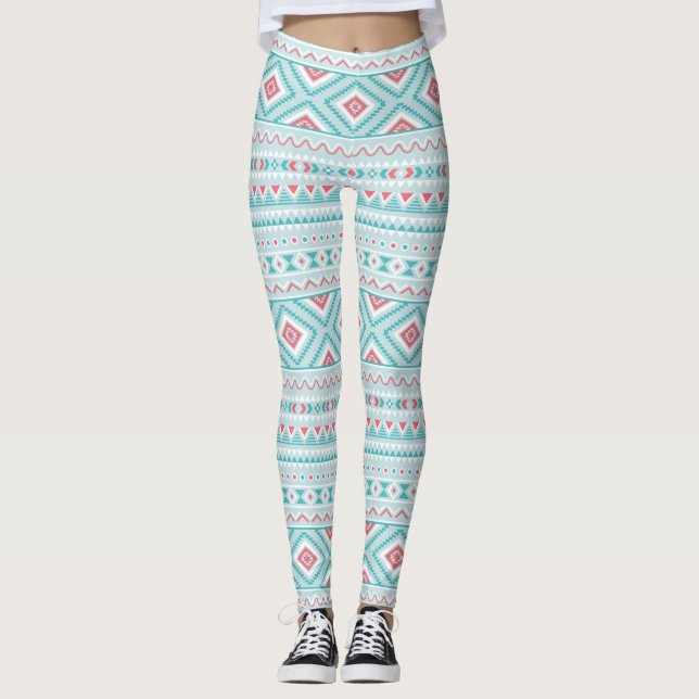 Leggings Modelo tribal azteca verde azulado y rosado (Anverso)