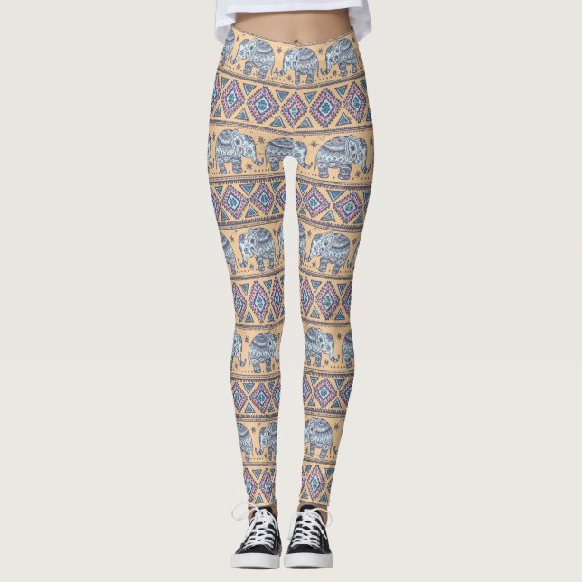 Leggings Modelo tribal del elefante étnico azul (Anverso)