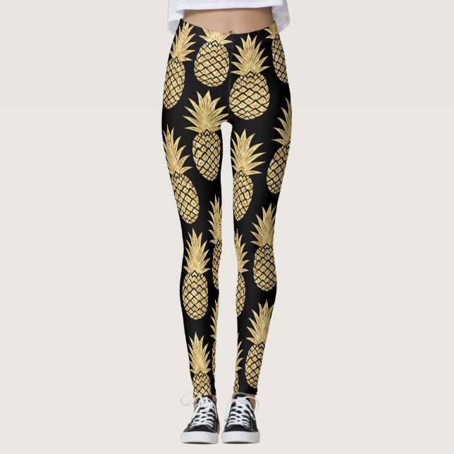 Leggings Modelo tropical elegante de la piña del negro y (Anverso)