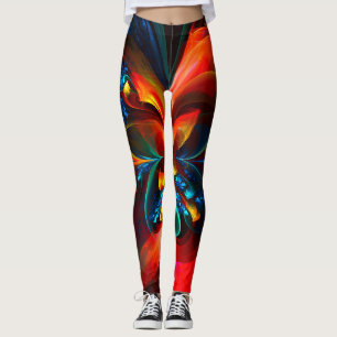 Leggings Modern Floral Resumen Art Naranja Patrón Azul #14