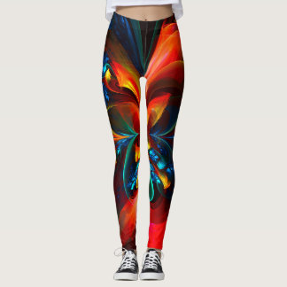 Leggings Modern Floral Resumen Art Naranja Patrón Azul #14