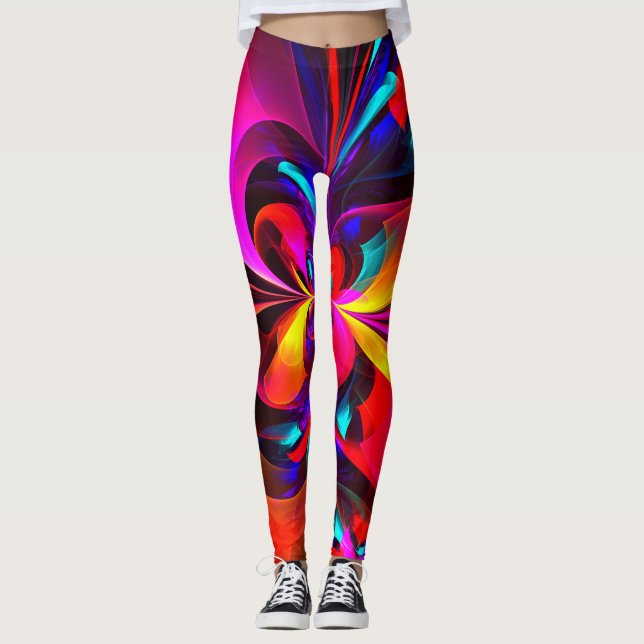 Leggings Modern Floral Resumen Arte Patrón Azul Rojo #07 (Anverso)