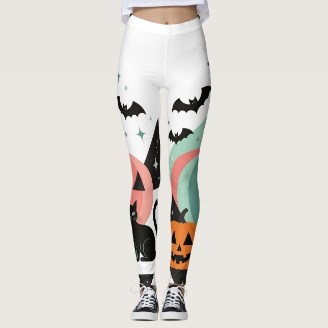 Leggings Modern Geometric Pastel Black Cat Pumpkin (Anverso)