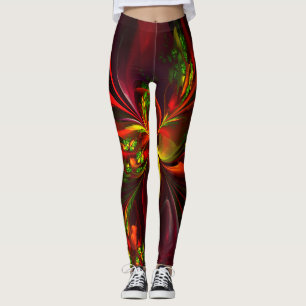 Leggings Modern Red Green Floral Abstract Art Pattern #05