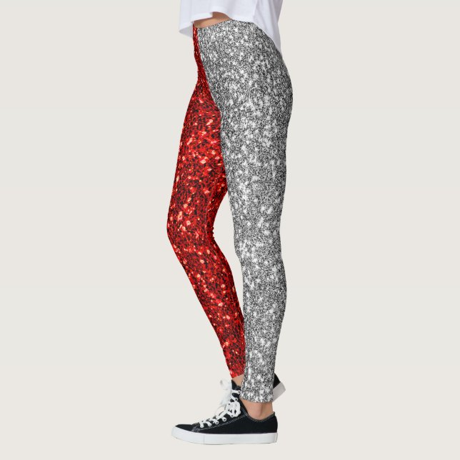 Leggings Modern Red Grey Glitter Sparkles Christmas Elegant (Izquierda)