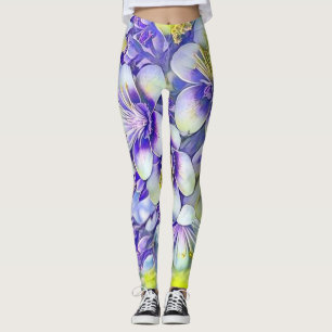Leggings Modern White Purple Cherry Blossoms Watercolor