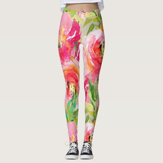 Leggings Moderna acuarela floral de color brillante rústico (Anverso)