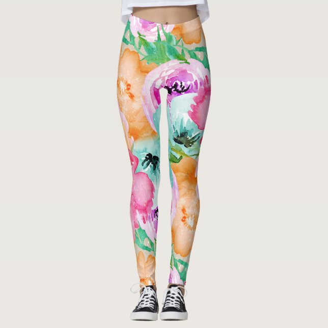 Leggings Moderna acuarela floral de primavera brillante y b (Anverso)