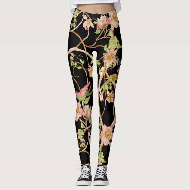 Leggings Moderna Chinoiserie con estilo Aves florales Lime  (Anverso)