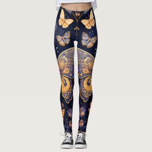 Leggings Moderna mariposa de oro azul púrpura Art Deco