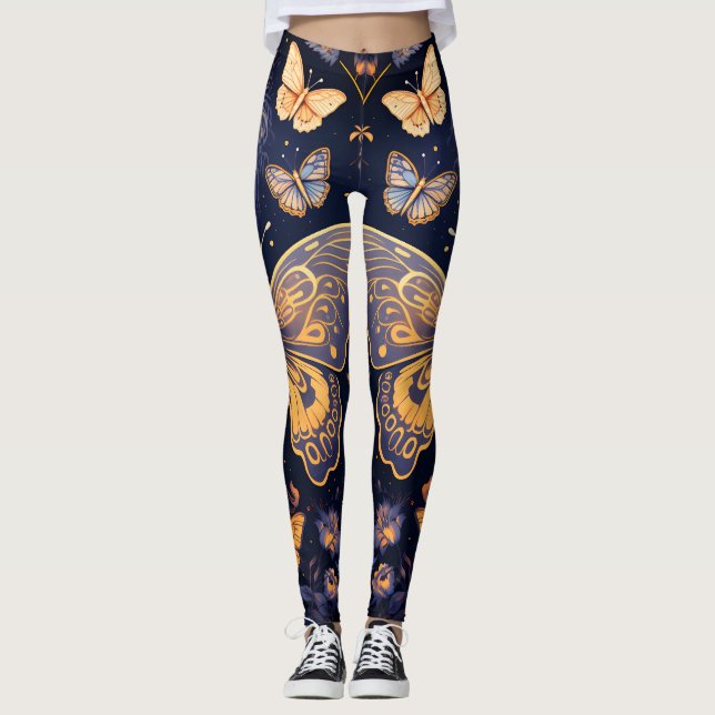 Leggings Moderna mariposa de oro azul púrpura Art Deco (Anverso)