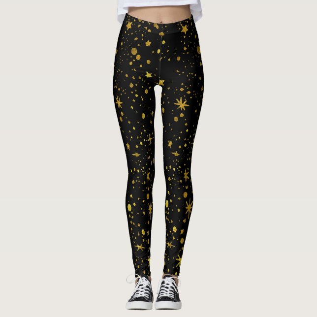 Leggings Modernas estrellas de oro negro resumen yoga (Anverso)