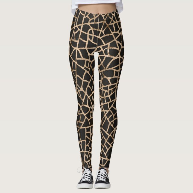 Leggings Modernas piernas de patrón negro y dorado (Anverso)