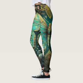 Leggings Moderno Art Deco Verde azulado Blue Gold Butterfly