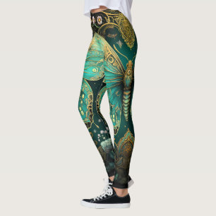 Leggings Moderno Art Deco Verde azulado Blue Gold Butterfly