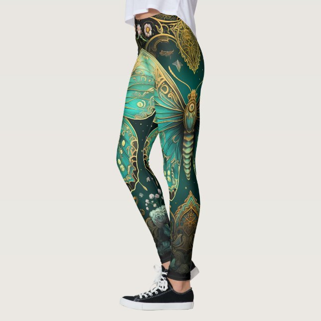 Leggings Moderno Art Deco Verde azulado Blue Gold Butterfly (Izquierda)