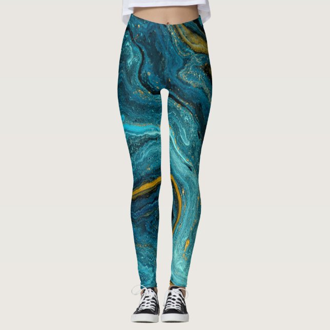 Leggings Moderno Blue Green Gold Dust Marble Resumen arte (Anverso)