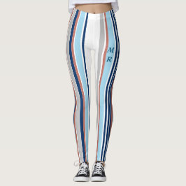 Leggings Moderno Blue White Gray Red Stripes Monograma