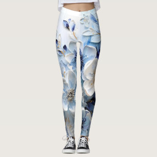 Leggings Moderno Botánico Floral Azul Blanco Elegante