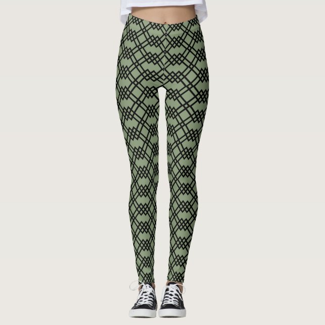 Leggings Moderno Entramado Geométrico Sage Green Jade y Neg (Anverso)