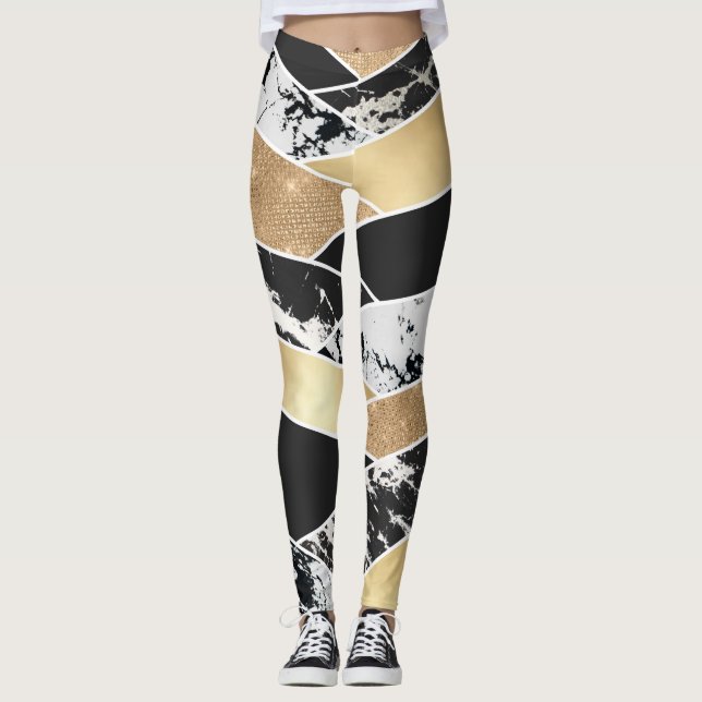 Leggings Moderno Oro Negro Purpurina Blanco Marble Geométri (Anverso)