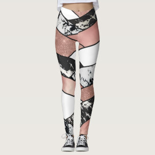 Leggings Moderno Rosa Oro Negro Purpurina Marble Geométrico