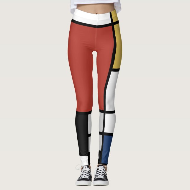 Leggings Mondrian Pintura de Plano Rojo Amarillo Azul Gris  (Anverso)