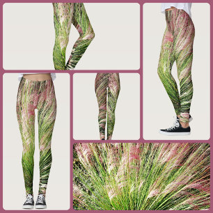 Leggings Monet inspiró Pink y Green Muhly Grass Abstracto
