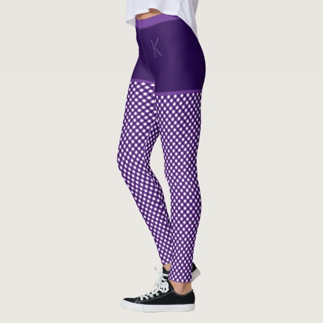 Leggings Monograma blanco púrpura de Gingham personalizado (Izquierda)