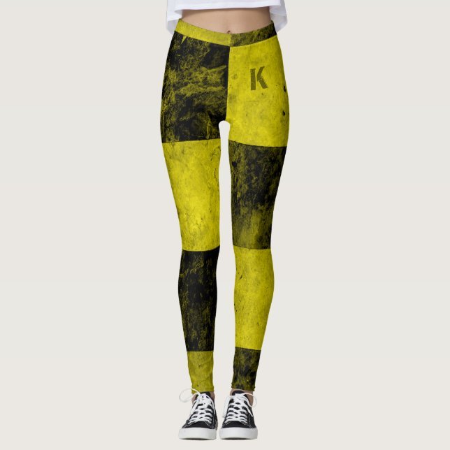 Leggings Monograma de mosaicos de color negro amarillo (Anverso)