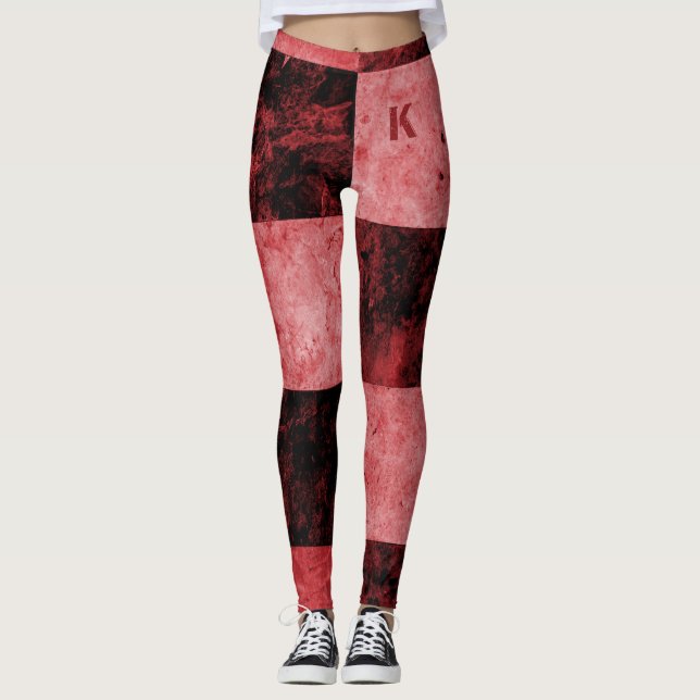 Leggings Monograma de mosaicos de color negro rojo (Anverso)
