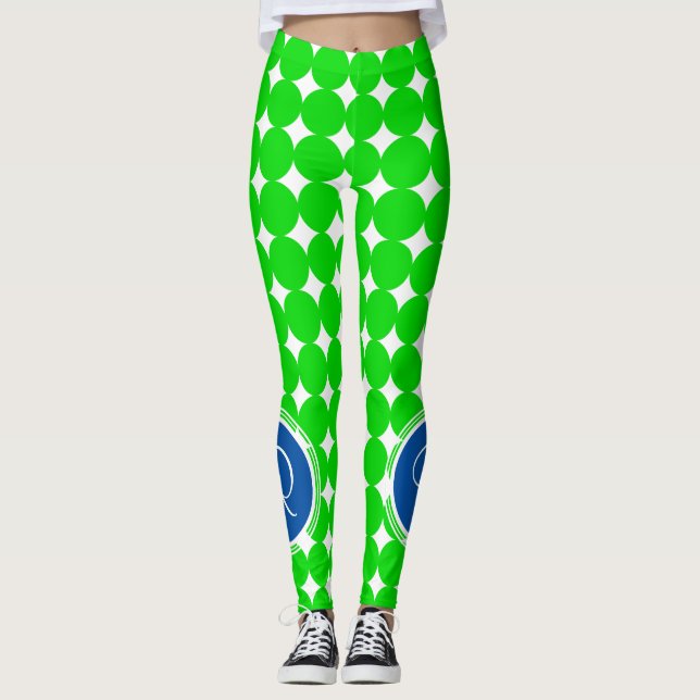 Leggings Monograma de puntos de polka azul y verde (Anverso)