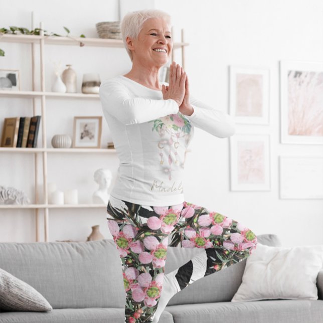 Leggings Monograma del patrón blanco negro rosado floral de (Subido por el creador)
